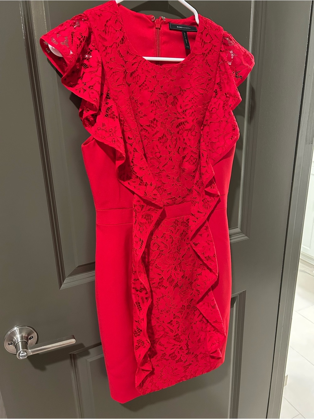BCBGMaxAzria Red Lace Ruffle Cocktail Dress Size 4